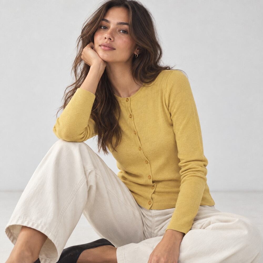 NWOT Saint Tropez Mila Mustard Yellow Round Neck Slim Button Cardigan, size XS